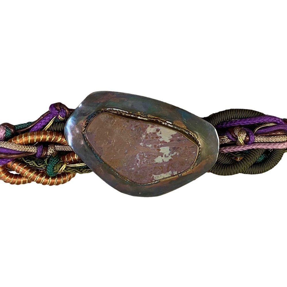 Vintage 80s Boutique Large Stone Rock Braided Rope Knotted Brass Gold Suede Belt - Picture 9 of 10